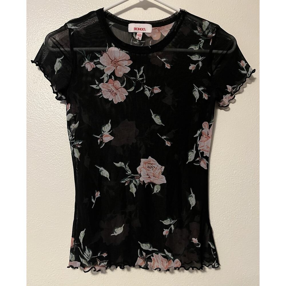 Bongo Sheer Floral Top Medium Short Sleeve Y2K Romantic Whimsigoth Lettuce Hem